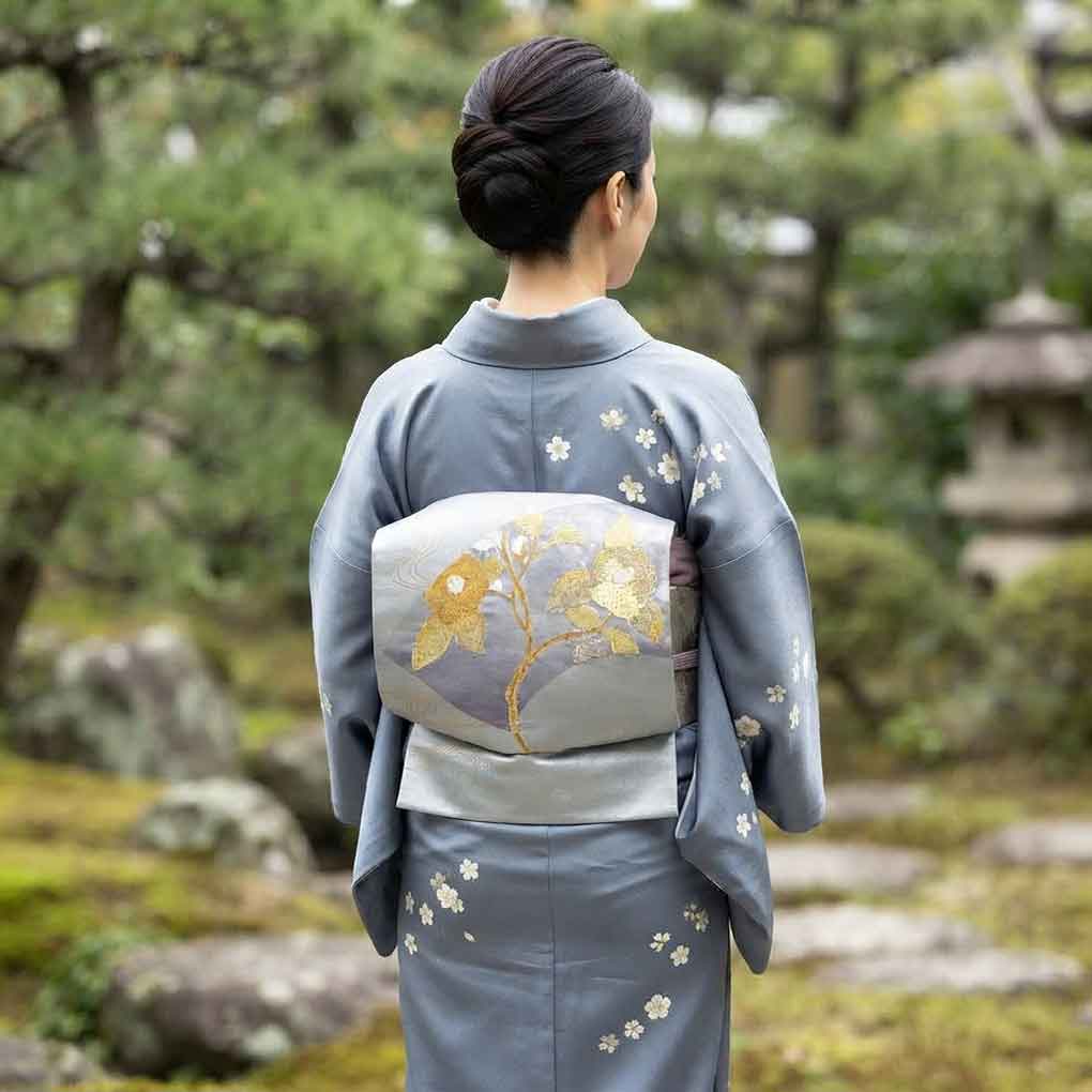 袋帯 リサイクル帯 幅31cm 長さ440cm レディース 扇面 秋冬春用 正絹（シルク）シルバー 美品 リメイク リユース【ランクA】