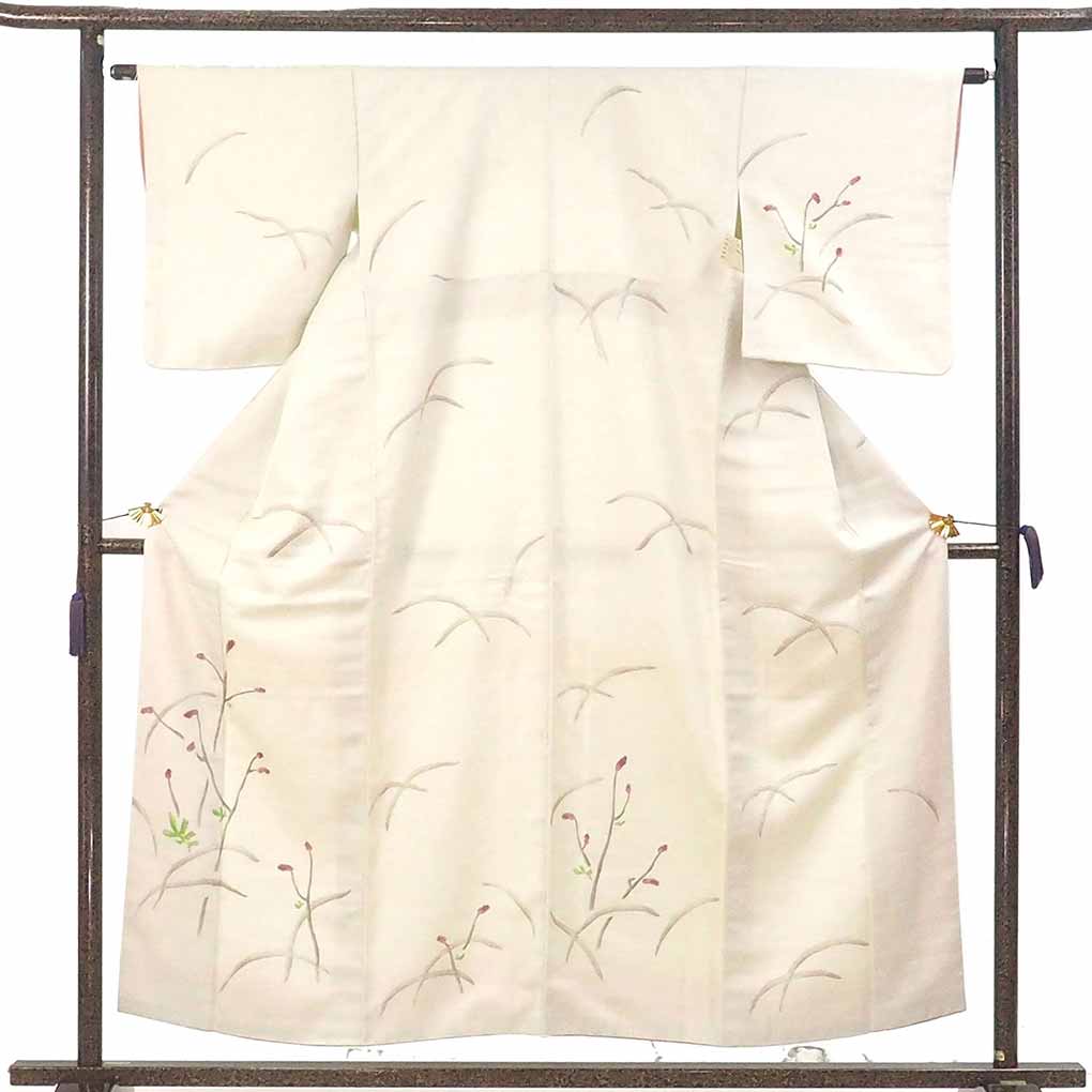 付下 リサイクル着物 身丈155cm 裄63cm 前幅24cm 後幅30.5cm 袖丈49cm 袖幅32cm レディース 袷 植物 裄Mサイズ 秋冬春用 正絹（シルク）ホワイト やや難 リメイク リユース【ランクB】