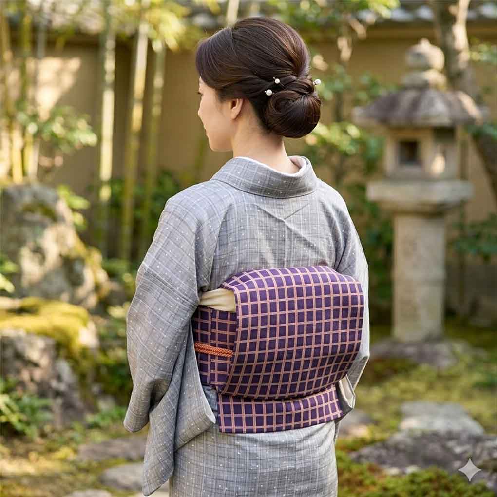 名古屋帯 リサイクル帯 幅30cm 長さ363cm レディース 格子 秋冬春用 正絹（シルク）パープル 美品 リメイク リユース【ランクA】