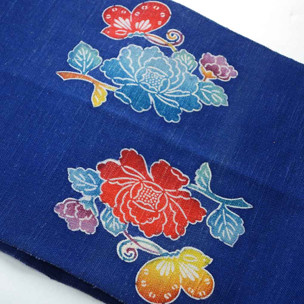 名古屋帯 リサイクル帯 幅30cm 長さ352cm レディース 花柄 秋冬春用 正絹（シルク）ネイビー 美品 リメイク リユース【ランクA】