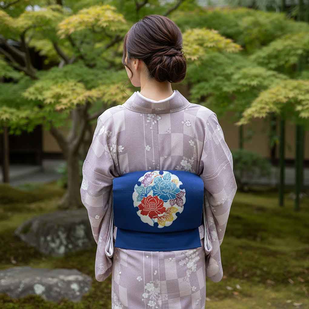 名古屋帯 リサイクル帯 幅30cm 長さ352cm レディース 花柄 秋冬春用 正絹（シルク）ネイビー 美品 リメイク リユース【ランクA】