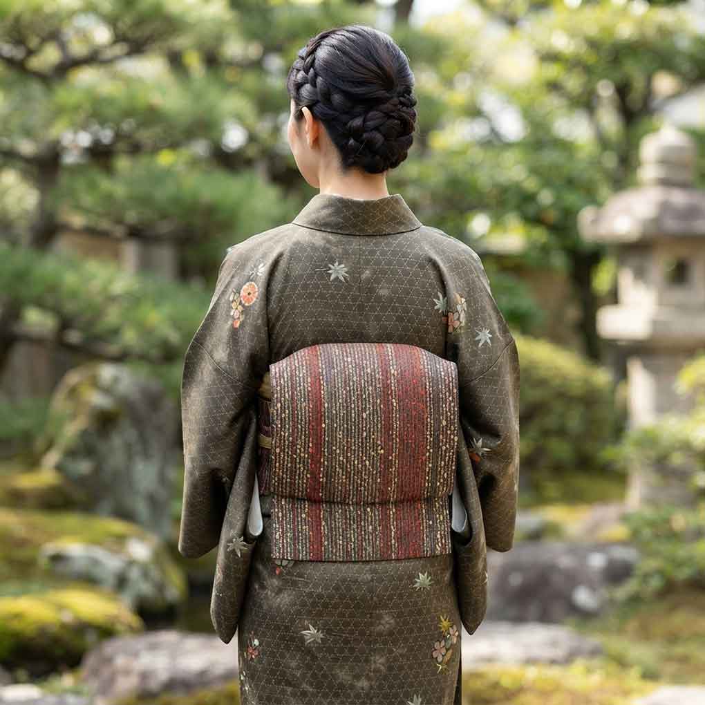 名古屋帯 リサイクル帯 幅30.5cm 長さ369cm レディース 連続模様 秋冬春用 正絹（シルク）ブラウン 美品 リメイク リユース【ランクA】
