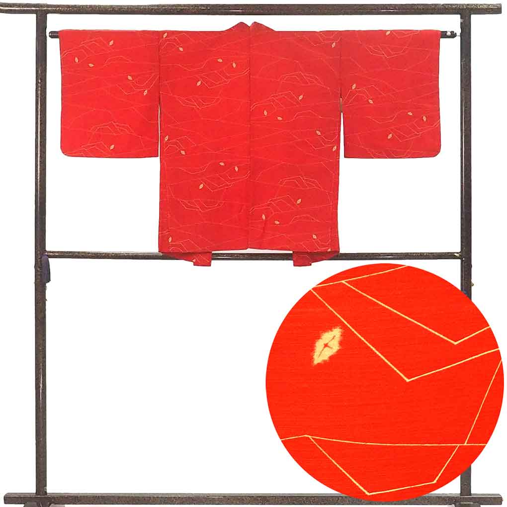 羽織 リサイクル着物 羽織丈75cm 裄63cm 袖丈43cm 袖幅33cm レディース 袷 抽象柄 裄Mサイズ 秋冬春用 正絹（シルク）オレンジ 未使用品 リメイク リユース【ランクS】