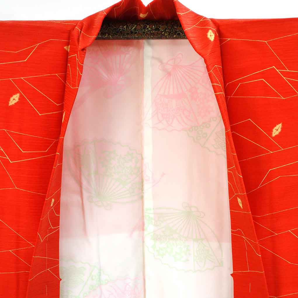 羽織 リサイクル着物 羽織丈75cm 裄63cm 袖丈43cm 袖幅33cm レディース 袷 抽象柄 裄Mサイズ 秋冬春用 正絹（シルク）オレンジ 未使用品 リメイク リユース【ランクS】