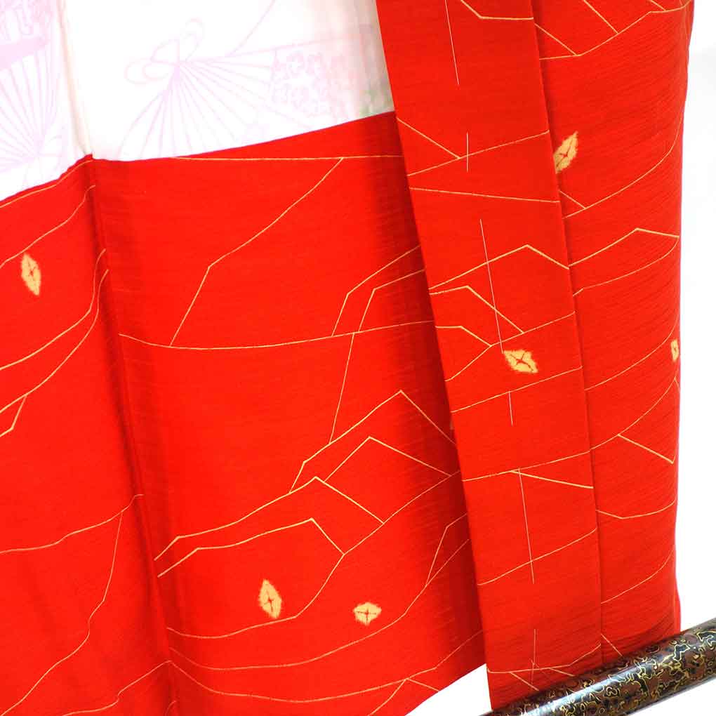 羽織 リサイクル着物 羽織丈75cm 裄63cm 袖丈43cm 袖幅33cm レディース 袷 抽象柄 裄Mサイズ 秋冬春用 正絹（シルク）オレンジ 未使用品 リメイク リユース【ランクS】