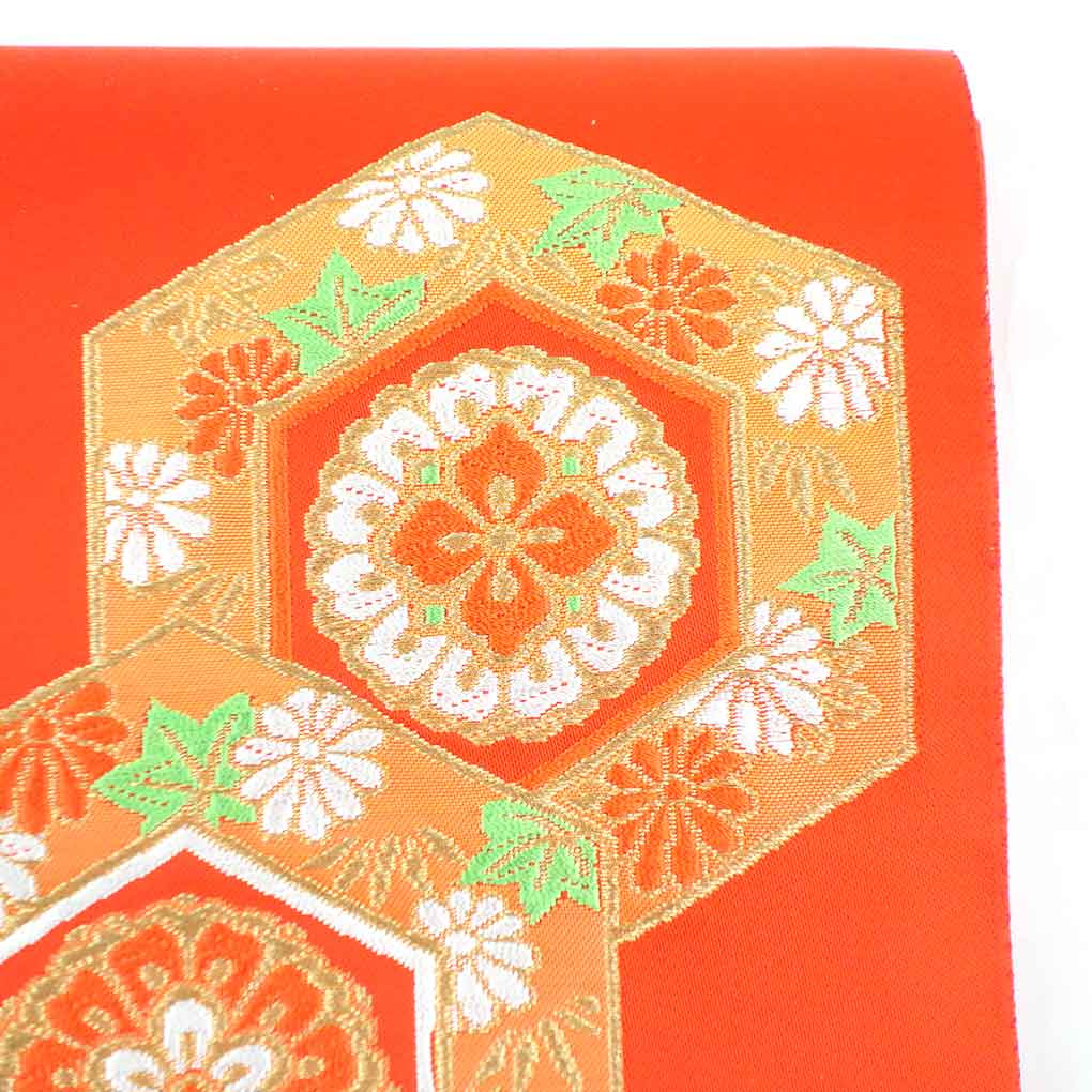 リサイクル 名古屋帯 オレンジ地 亀甲柄 正絹 八寸帯 レディース 秋冬  