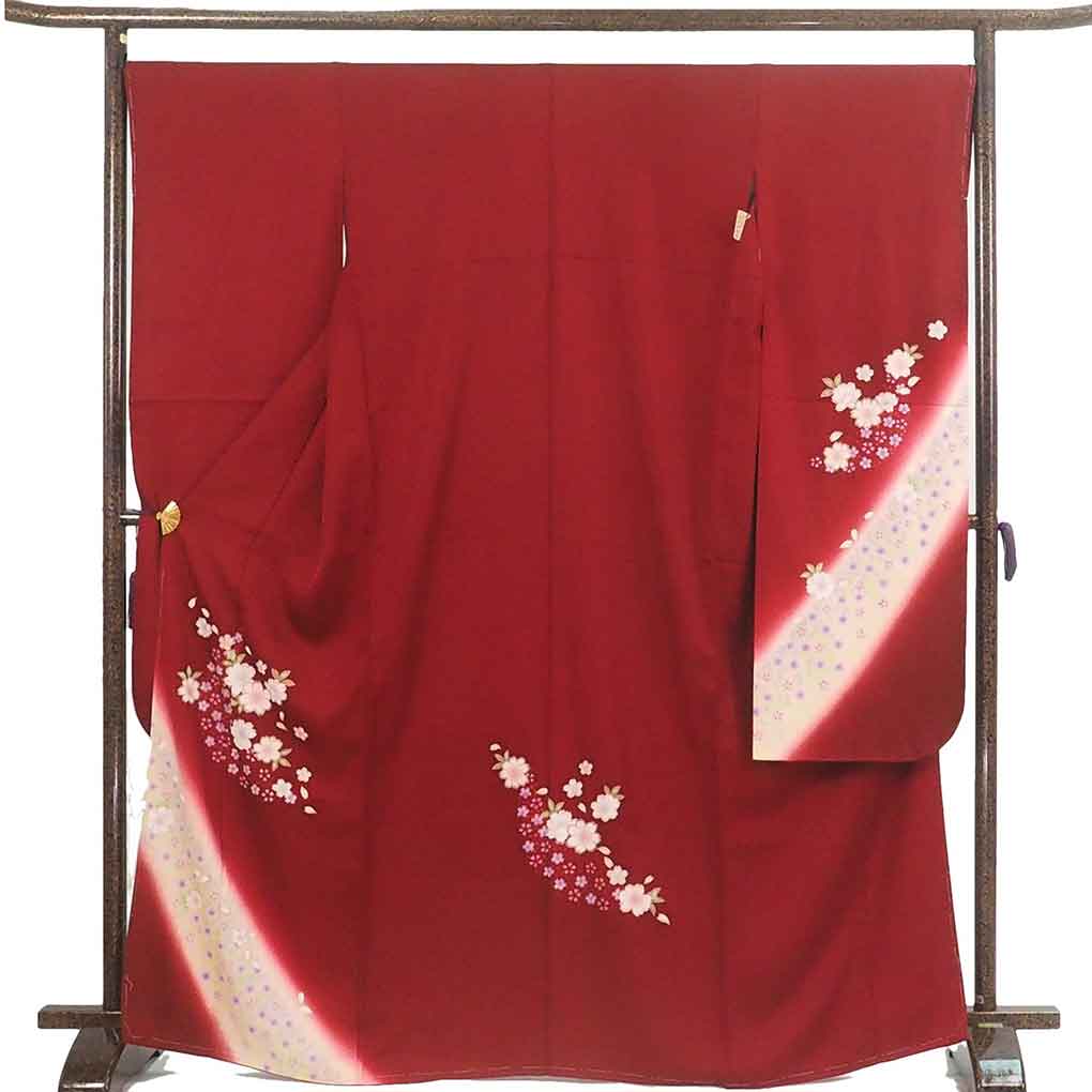 振袖 リサイクル着物 身丈168cm 裄68cm 前幅25cm 後幅30cm 袖丈119cm 袖幅34cm レディース 袷 桜 裄長 裄Lサイズ 秋冬春用 正絹（シルク）レッド トールサイズ 未使用品 リメイク リユース【ランクS】