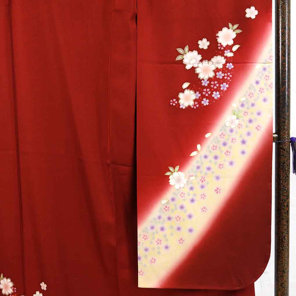 振袖 リサイクル着物 身丈168cm 裄68cm 前幅25cm 後幅30cm 袖丈119cm 袖幅34cm レディース 袷 桜 裄長 裄Lサイズ 秋冬春用 正絹（シルク）レッド トールサイズ 未使用品 リメイク リユース【ランクS】