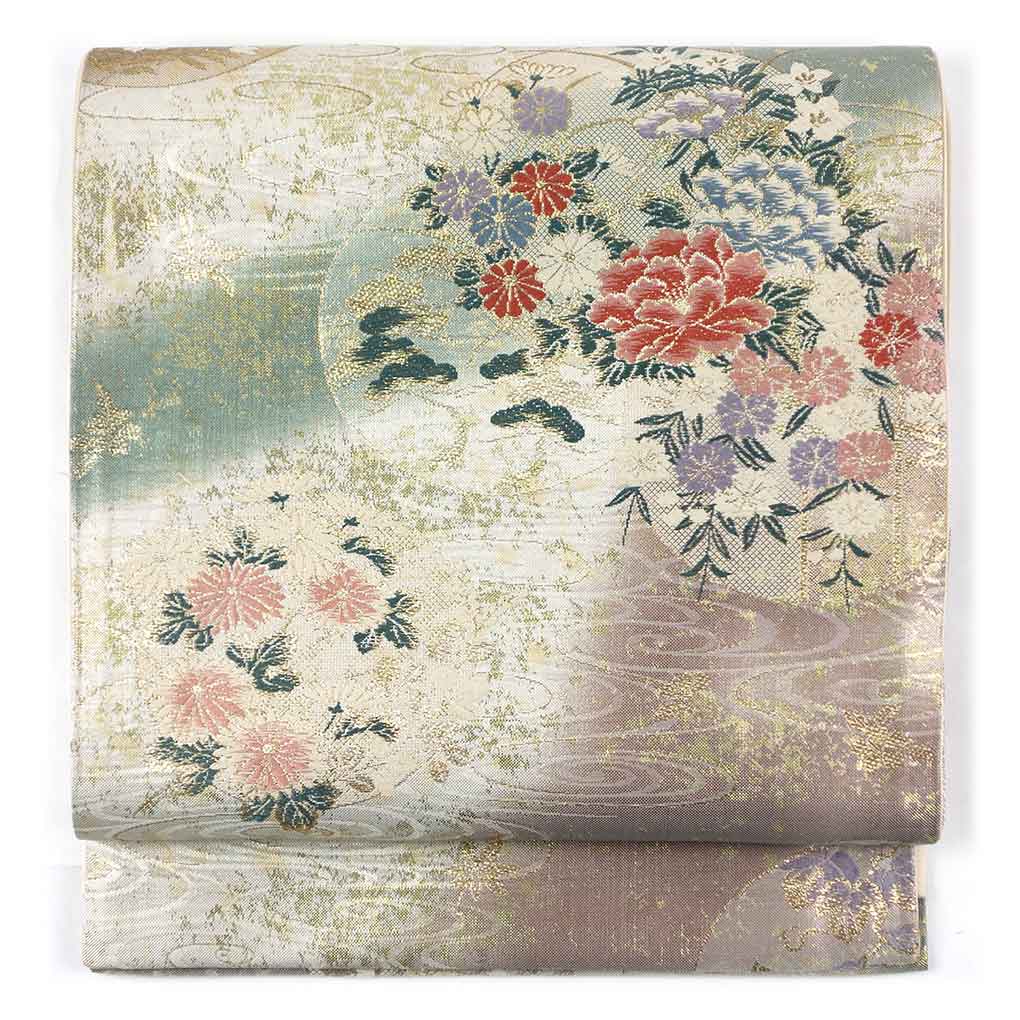 袋帯 リサイクル帯 幅29.5cm 長さ430cm レディース 花柄 秋冬春用 正絹（シルク）ゴールド 美品 リメイク リユース【ランクA】