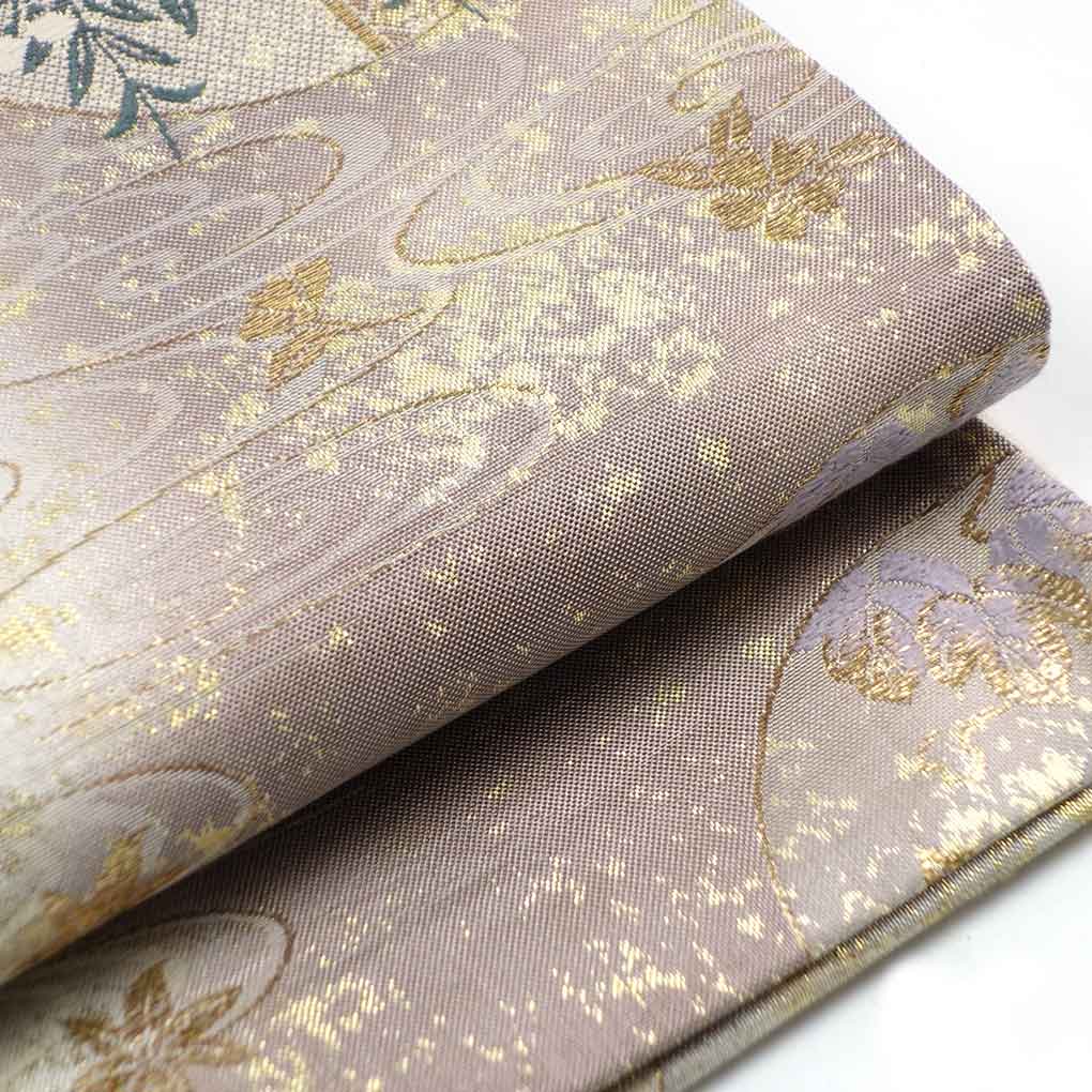 袋帯 リサイクル帯 幅29.5cm 長さ430cm レディース 花柄 秋冬春用 正絹（シルク）ゴールド 美品 リメイク リユース【ランクA】