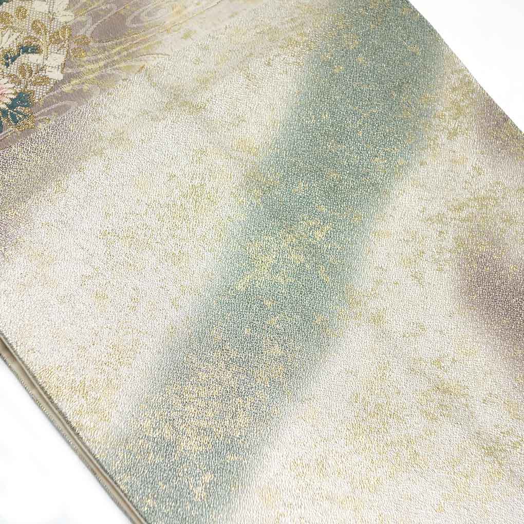 袋帯 リサイクル帯 幅29.5cm 長さ430cm レディース 花柄 秋冬春用 正絹（シルク）ゴールド 美品 リメイク リユース【ランクA】