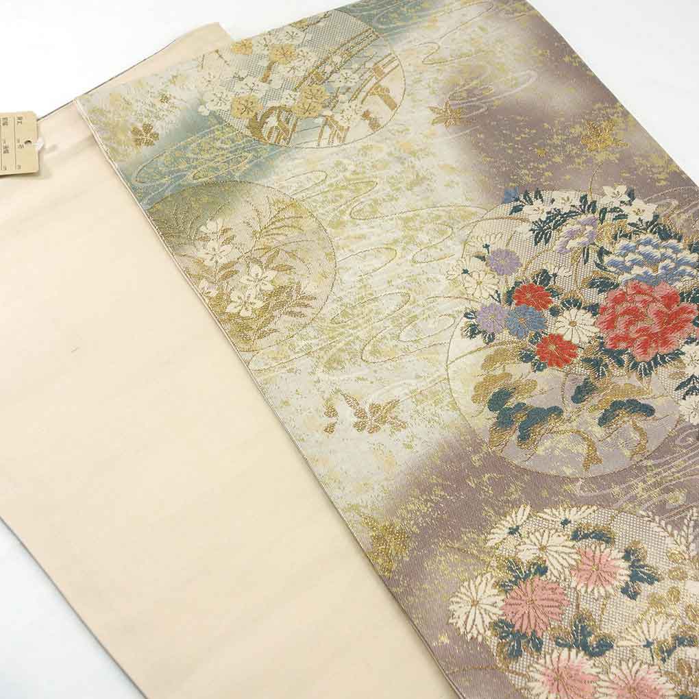 袋帯 リサイクル帯 幅29.5cm 長さ430cm レディース 花柄 秋冬春用 正絹（シルク）ゴールド 美品 リメイク リユース【ランクA】