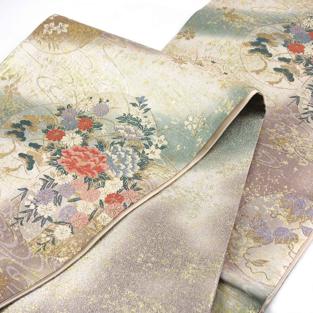 袋帯 リサイクル帯 幅29.5cm 長さ430cm レディース 花柄 秋冬春用 正絹（シルク）ゴールド 美品 リメイク リユース【ランクA】