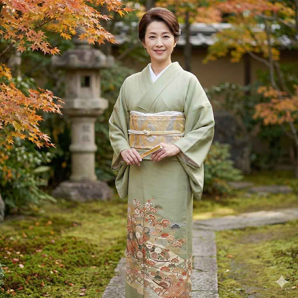 色留袖 リサイクル着物 身丈155cm 裄62cm 前幅24cm 後幅30cm 袖丈49cm 袖幅32cm レディース 袷 花柄 裄Sサイズ 秋冬春用 正絹（シルク）グリーン やや難 リメイク リユース【ランクB】