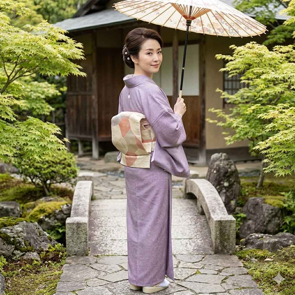 小紋 リサイクル着物 身丈153cm 裄64cm 前幅24.5cm 後幅28cm 袖丈49cm 袖幅33cm レディース 袷 たたき染 裄Mサイズ 秋冬春用 正絹（シルク）パープル 美品 リメイク リユース【ランクA】