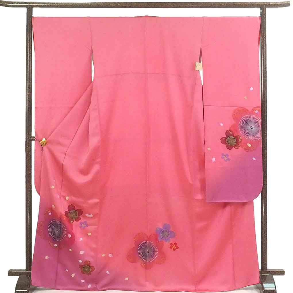 振袖 リサイクル着物 身丈171cm 裄68cm 前幅24cm 後幅30cm 袖丈119cm 袖幅34cm レディース 袷 梅柄 裄長 裄Lサイズ 秋冬春用 正絹（シルク）ピンク トールサイズ 美品 リメイク リユース【ランクA】