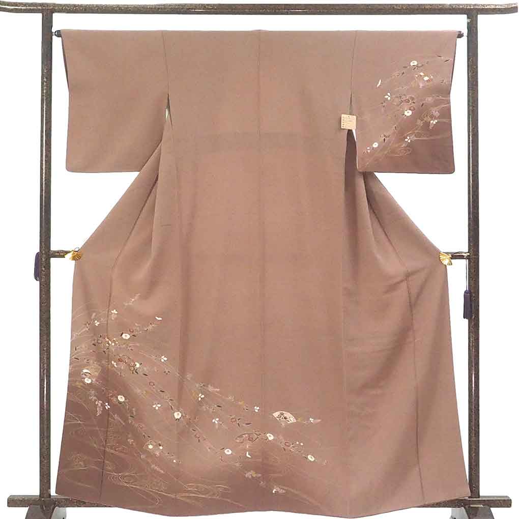 訪問着 リサイクル着物 身丈162cm 裄64cm 前幅25cm 後幅29cm 袖丈48cm 袖幅33cm レディース 袷 扇面 裄Mサイズ 秋冬春用 正絹（シルク）ブラウン 美品 リメイク リユース【ランクA】