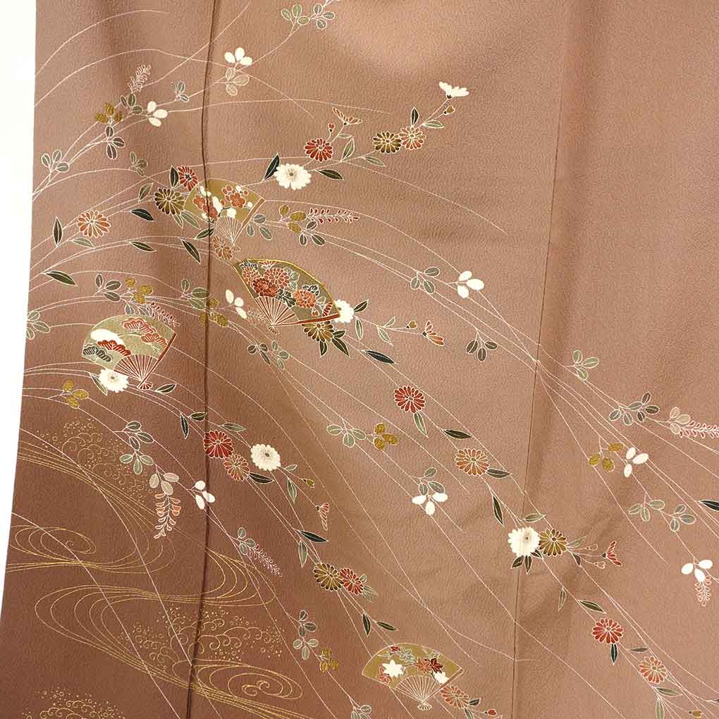 訪問着 リサイクル着物 身丈162cm 裄64cm 前幅25cm 後幅29cm 袖丈48cm 袖幅33cm レディース 袷 扇面 裄Mサイズ 秋冬春用 正絹（シルク）ブラウン 美品 リメイク リユース【ランクA】