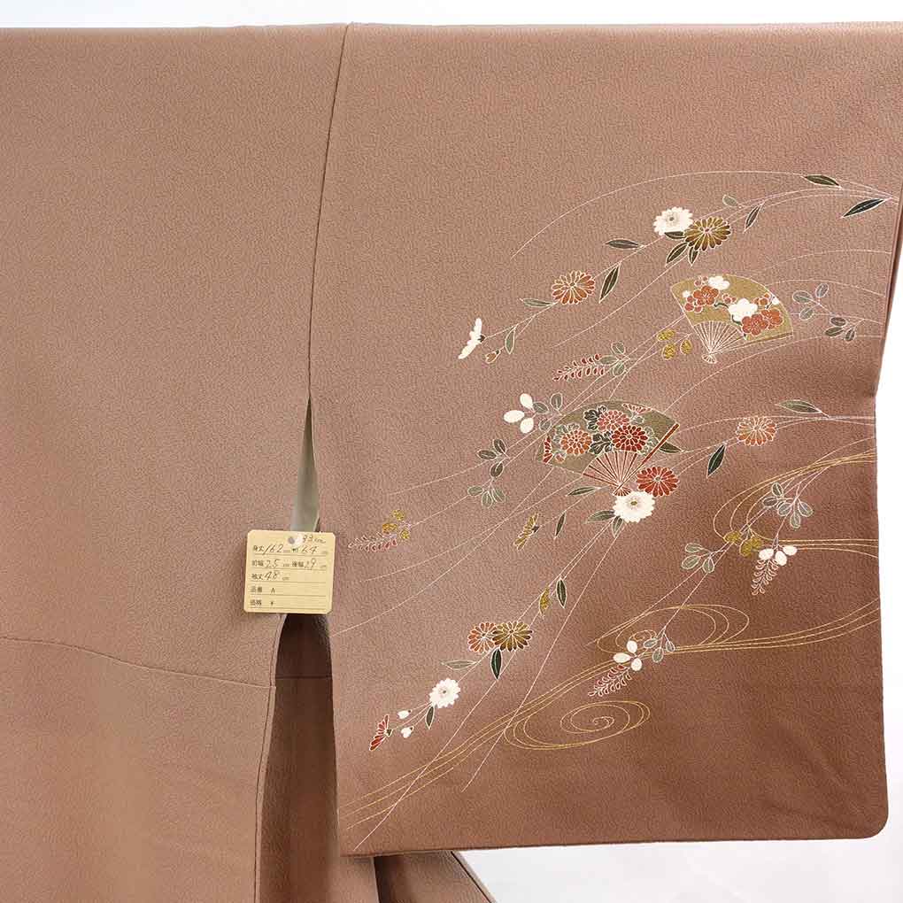 訪問着 リサイクル着物 身丈162cm 裄64cm 前幅25cm 後幅29cm 袖丈48cm 袖幅33cm レディース 袷 扇面 裄Mサイズ 秋冬春用 正絹（シルク）ブラウン 美品 リメイク リユース【ランクA】