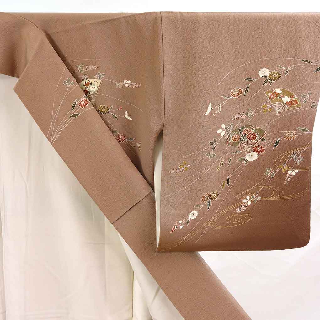 訪問着 リサイクル着物 身丈162cm 裄64cm 前幅25cm 後幅29cm 袖丈48cm 袖幅33cm レディース 袷 扇面 裄Mサイズ 秋冬春用 正絹（シルク）ブラウン 美品 リメイク リユース【ランクA】