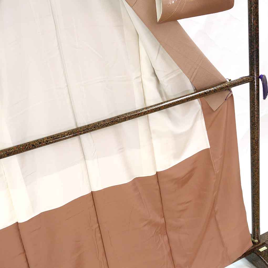 訪問着 リサイクル着物 身丈162cm 裄64cm 前幅25cm 後幅29cm 袖丈48cm 袖幅33cm レディース 袷 扇面 裄Mサイズ 秋冬春用 正絹（シルク）ブラウン 美品 リメイク リユース【ランクA】