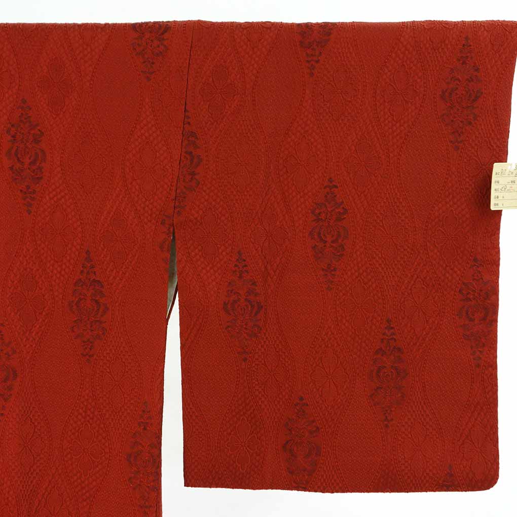 コート リサイクル着物 コート丈82cm 裄65cm 袖丈48cm 袖幅32cm レディース 袷 立涌 裄Mサイズ 秋冬春用 正絹(シルク)レッド 美品 リメイク リユース【ランクA】