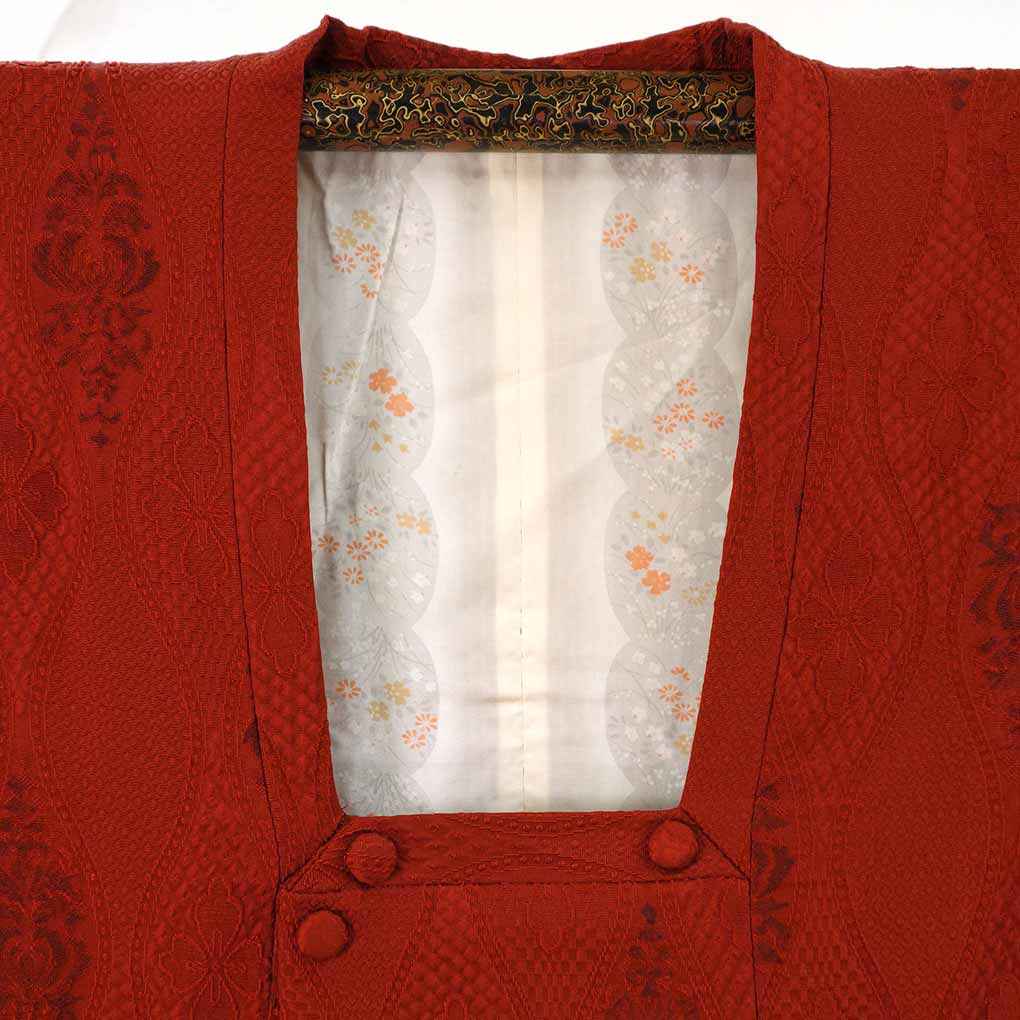 コート リサイクル着物 コート丈82cm 裄65cm 袖丈48cm 袖幅32cm レディース 袷 立涌 裄Mサイズ 秋冬春用 正絹(シルク)レッド 美品 リメイク リユース【ランクA】