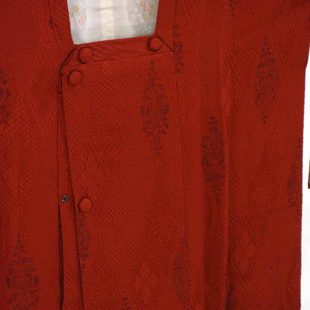 コート リサイクル着物 コート丈82cm 裄65cm 袖丈48cm 袖幅32cm レディース 袷 立涌 裄Mサイズ 秋冬春用 正絹(シルク)レッド 美品 リメイク リユース【ランクA】
