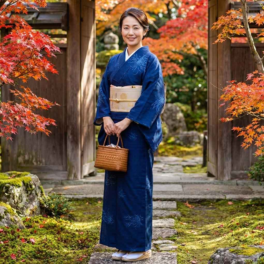 紬 リサイクル着物 身丈154cm 裄63cm 前幅24cm 後幅29cm 袖丈42cm 袖幅33cm レディース 袷 植物 裄Mサイズ 秋冬春用 正絹（シルク）ネイビー 未使用品 リメイク リユース【ランクS】