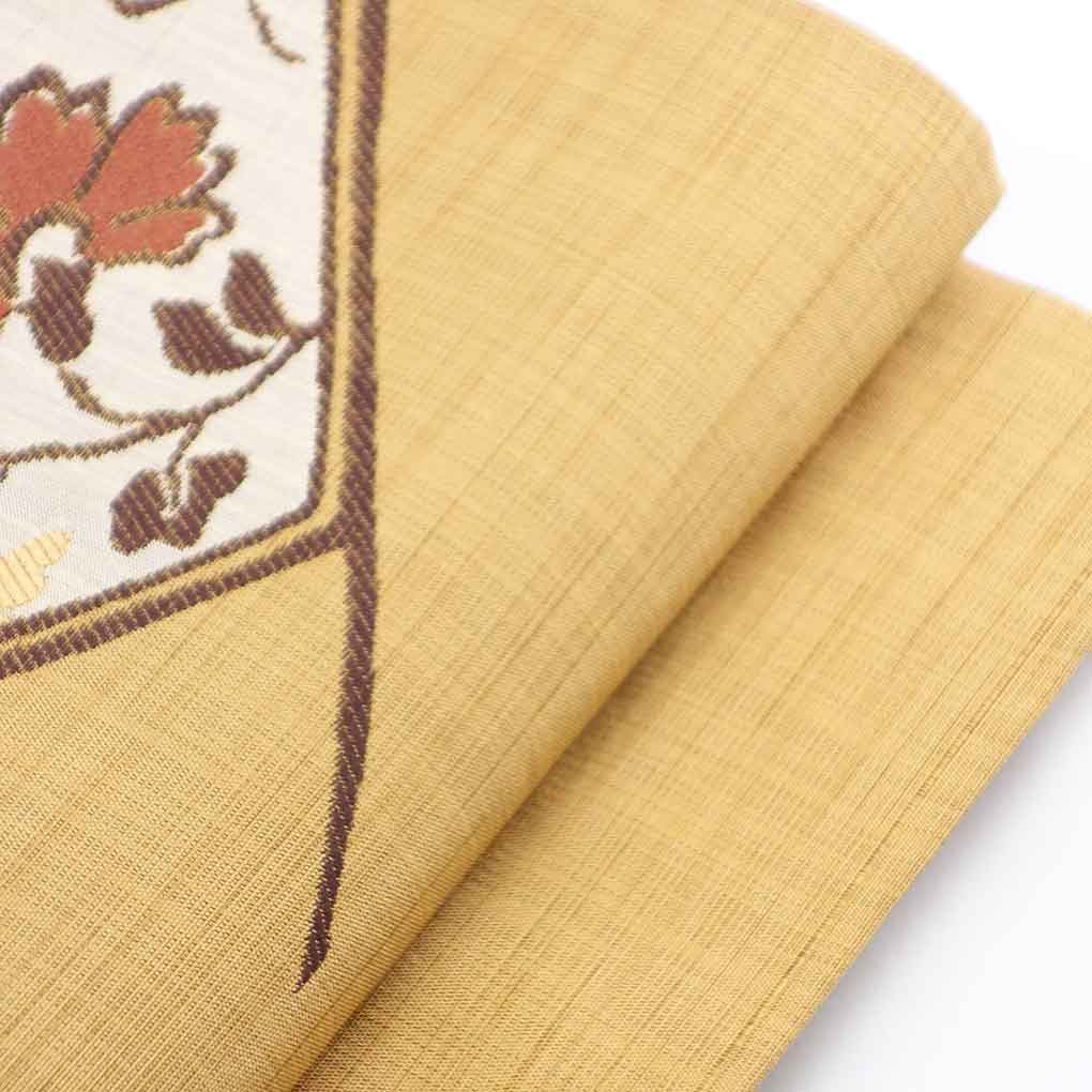 名古屋帯 リサイクル帯 幅30cm 長さ355cm レディース 花柄 秋冬春用 正絹(シルク)イエロー 美品 リメイク リユース【ランクA】