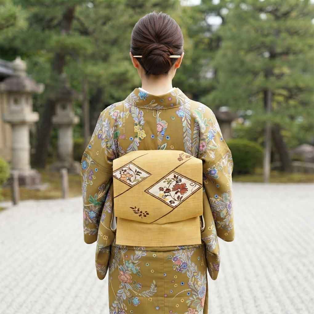 名古屋帯 リサイクル帯 幅30cm 長さ355cm レディース 花柄 秋冬春用 正絹(シルク)イエロー 美品 リメイク リユース【ランクA】