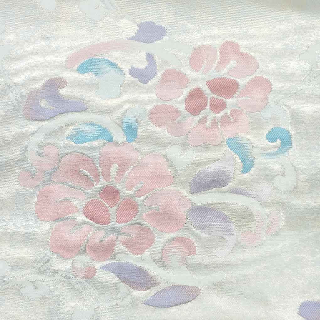 名古屋帯 リサイクル帯 幅30.5cm 長さ344cm レディース 花柄 秋冬春用 正絹（シルク）シルバー 美品 リメイク リユース【ランクA】