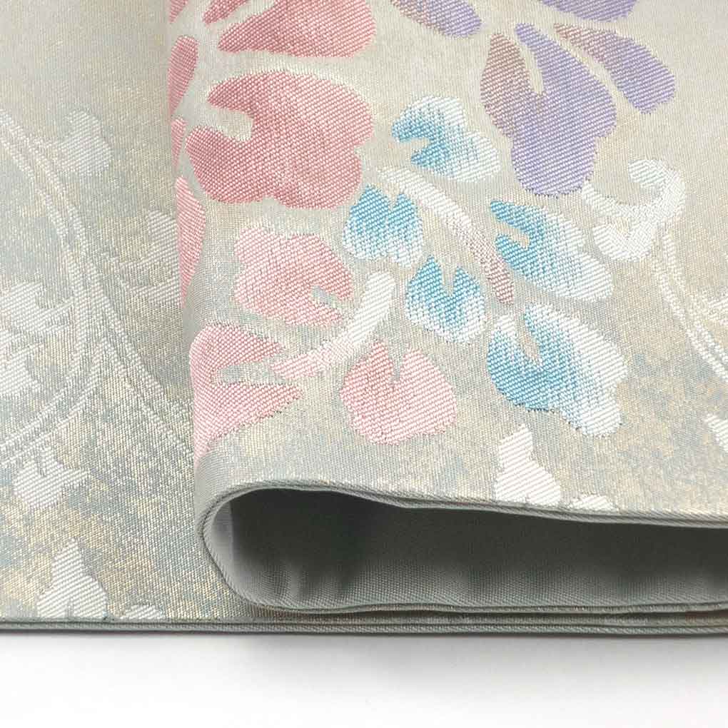 名古屋帯 リサイクル帯 幅30.5cm 長さ344cm レディース 花柄 秋冬春用 正絹（シルク）シルバー 美品 リメイク リユース【ランクA】