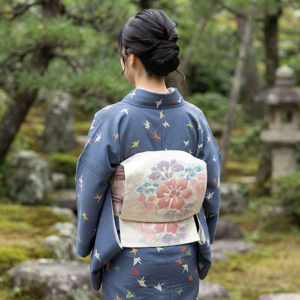 名古屋帯 リサイクル帯 幅30.5cm 長さ344cm レディース 花柄 秋冬春用 正絹（シルク）シルバー 美品 リメイク リユース【ランクA】