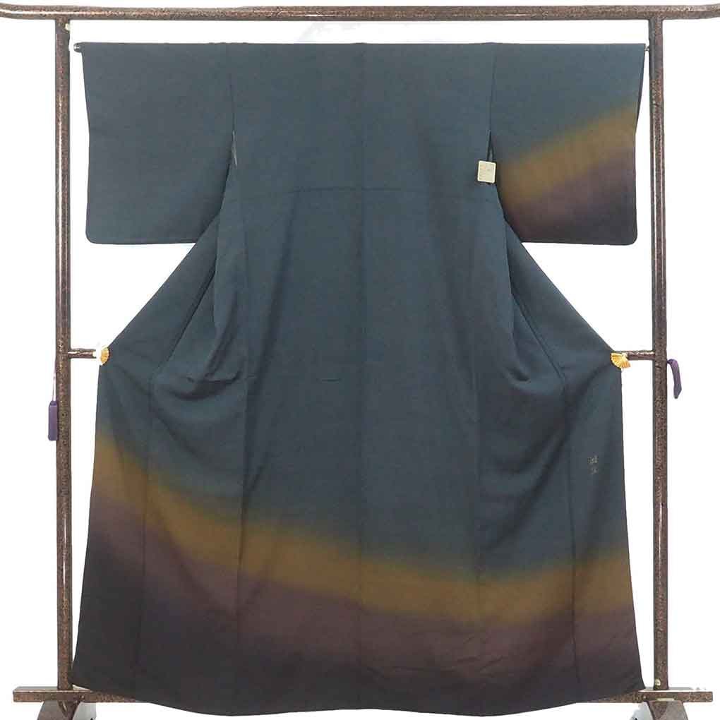 付下 リサイクル着物 身丈162cm 裄67cm 前幅24cm 後幅29.5cm 袖丈49cm 袖幅34cm レディース 袷 裾ぼかし 裄長 裄Lサイズ 秋冬春用 正絹（シルク）グリーン 美品 作家もの リメイク リユース【ランクA】