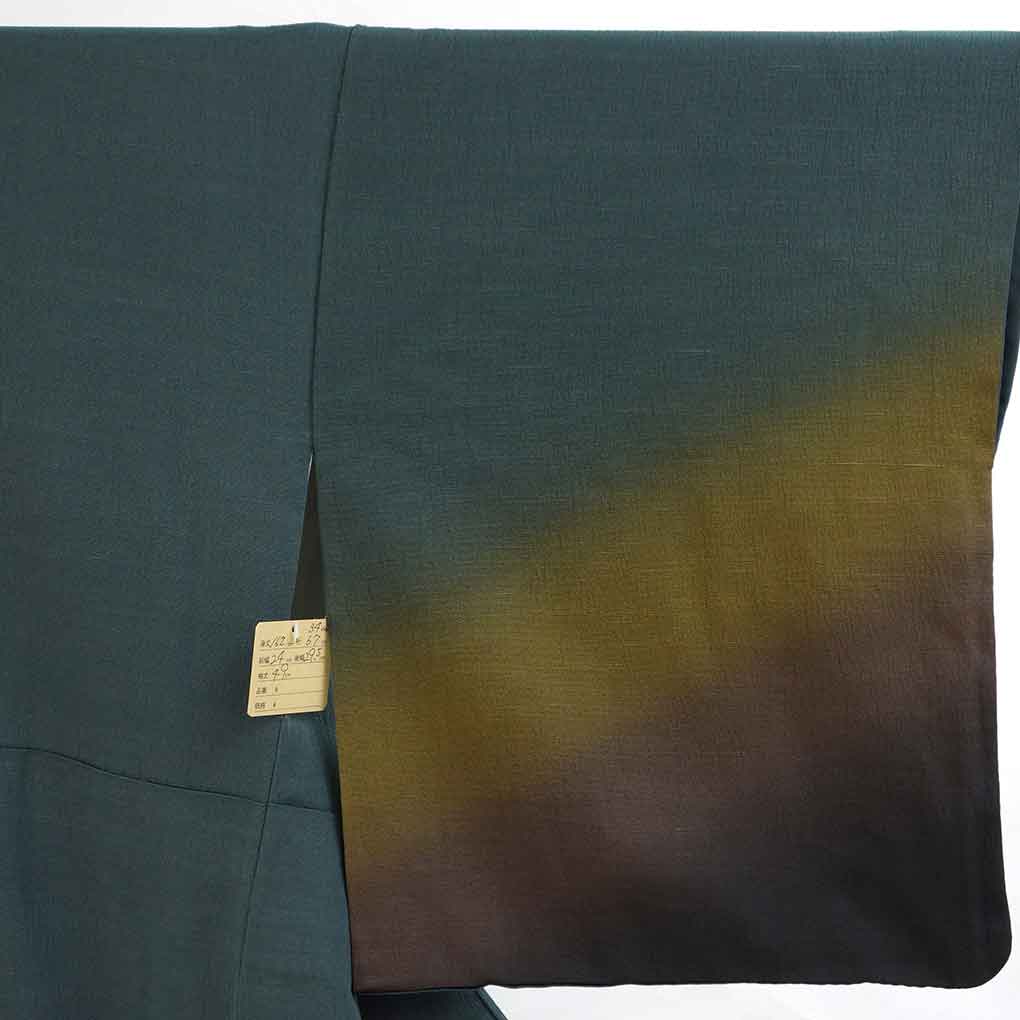 付下 リサイクル着物 身丈162cm 裄67cm 前幅24cm 後幅29.5cm 袖丈49cm 袖幅34cm レディース 袷 裾ぼかし 裄長 裄Lサイズ 秋冬春用 正絹（シルク）グリーン 美品 作家もの リメイク リユース【ランクA】