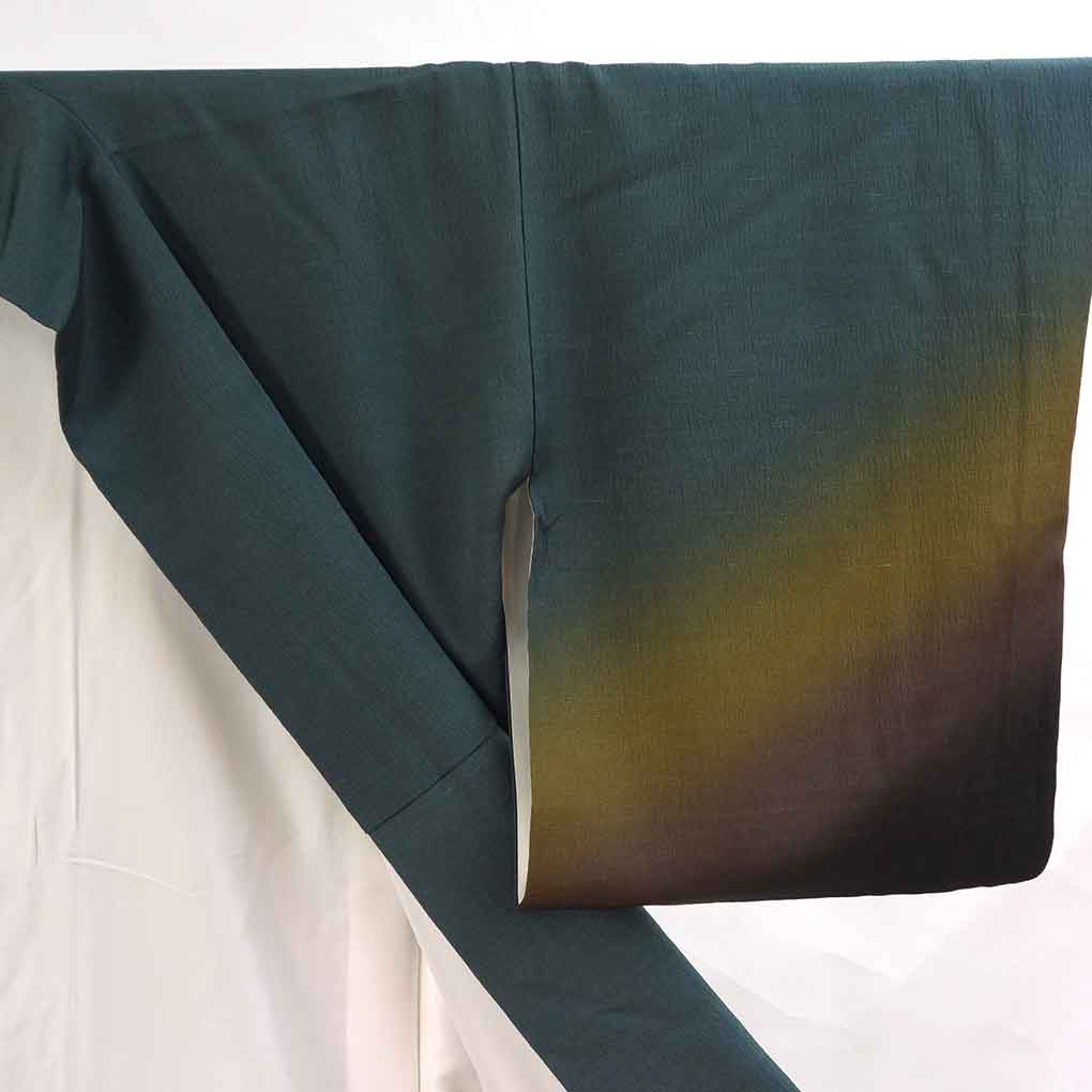 付下 リサイクル着物 身丈162cm 裄67cm 前幅24cm 後幅29.5cm 袖丈49cm 袖幅34cm レディース 袷 裾ぼかし 裄長 裄Lサイズ 秋冬春用 正絹（シルク）グリーン 美品 作家もの リメイク リユース【ランクA】