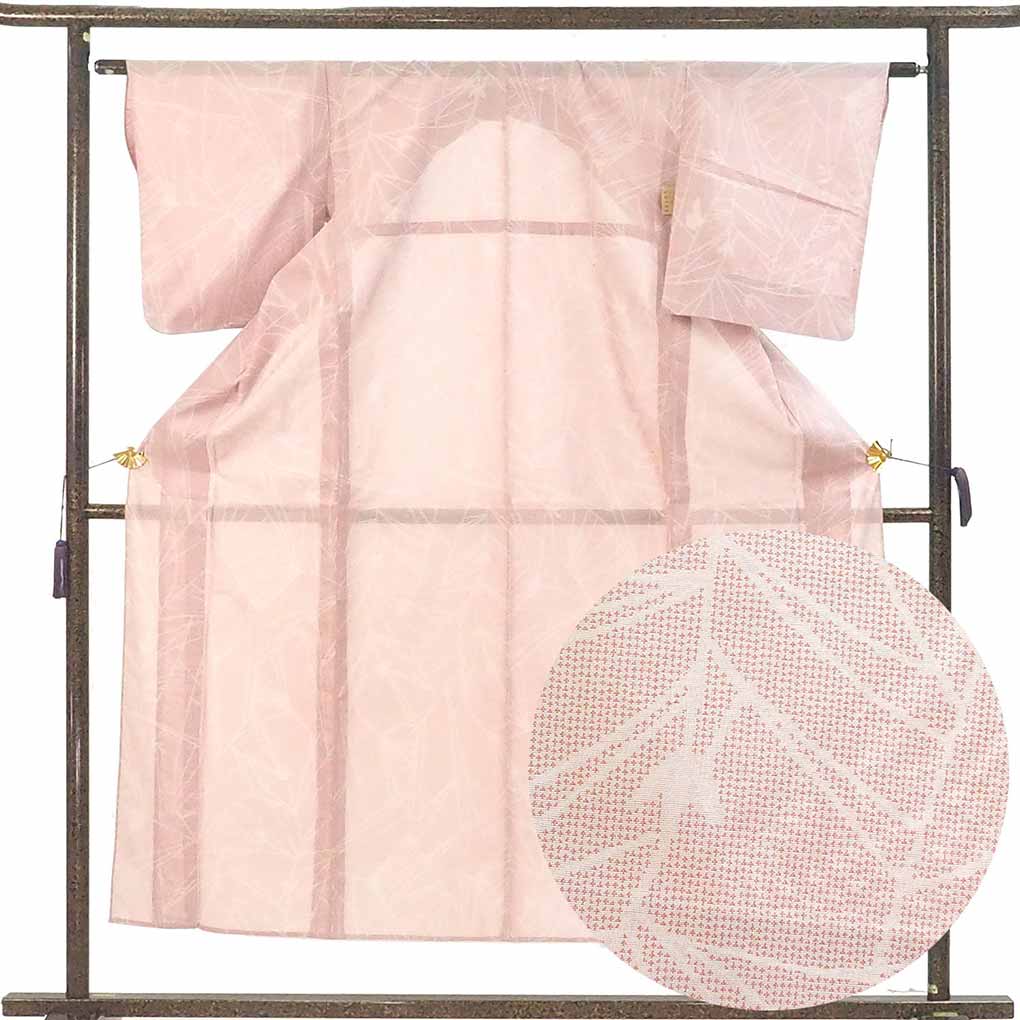 紬 リサイクル着物 身丈151cm 裄62cm 前幅23cm 後幅31cm 袖丈49cm 袖幅32cm レディース 絣模様 裄Sサイズ 夏用 正絹（シルク）ホワイト 美品 リメイク リユース【ランクA】