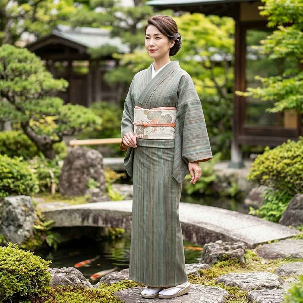 小紋 リサイクル着物 身丈156cm 裄63cm 前幅25.5cm 後幅29cm 袖丈43cm 袖幅33cm レディース 袷 縦縞 裄Mサイズ 秋冬春用 正絹(シルク)グリーン 美品 リメイク リユース【ランクA】