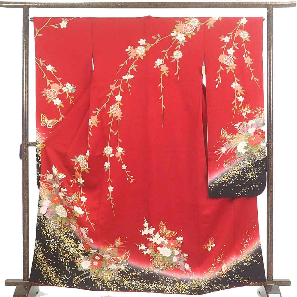 振袖 リサイクル着物 身丈165cm 裄66cm 前幅24cm 後幅30cm 袖丈106cm 袖幅33cm レディース 袷 花車 裄長 裄M-Lサイズ 秋冬春用 正絹(シルク)レッド トールサイズ 美品 リメイク リユース【ランクA】