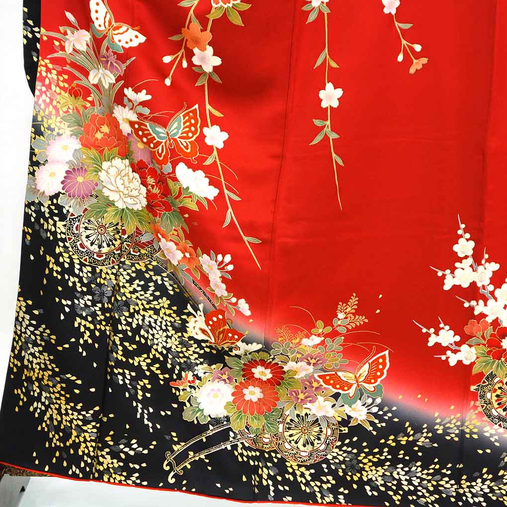 振袖 リサイクル着物 身丈165cm 裄66cm 前幅24cm 後幅30cm 袖丈106cm 袖幅33cm レディース 袷 花車 裄長 裄M-Lサイズ 秋冬春用 正絹(シルク)レッド トールサイズ 美品 リメイク リユース【ランクA】