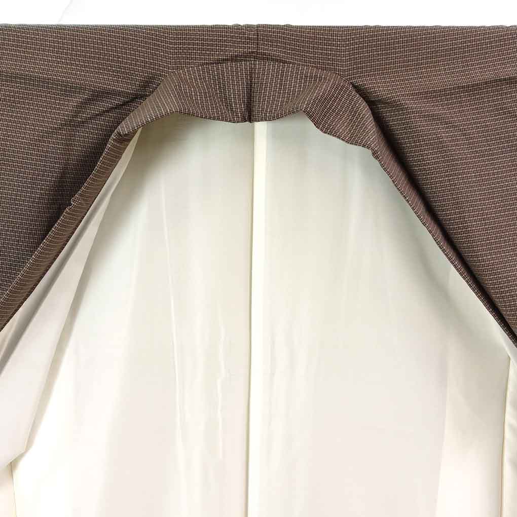 紬 リサイクル着物 身丈152cm 裄64cm 前幅21.5cm 後幅28cm 袖丈49cm 袖幅33cm レディース 袷 絣模様 裄Mサイズ 秋冬春用 正絹（シルク）ブラウン 美品 リメイク リユース【ランクA】