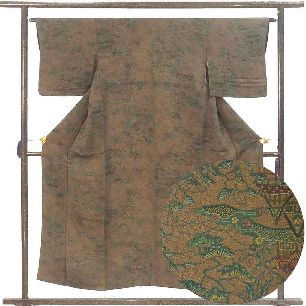 小紋 リサイクル着物 身丈152cm 裄64cm 前幅24cm 後幅29cm 袖丈45cm 袖幅32cm レディース 袷 風景画 裄Mサイズ 秋冬春用 正絹(シルク)ブラウン 美品 リメイク リユース【ランクA】