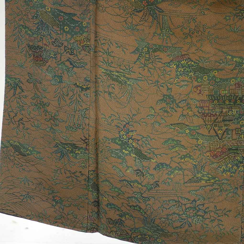 小紋 リサイクル着物 身丈152cm 裄64cm 前幅24cm 後幅29cm 袖丈45cm 袖幅32cm レディース 袷 風景画 裄Mサイズ 秋冬春用 正絹(シルク)ブラウン 美品 リメイク リユース【ランクA】