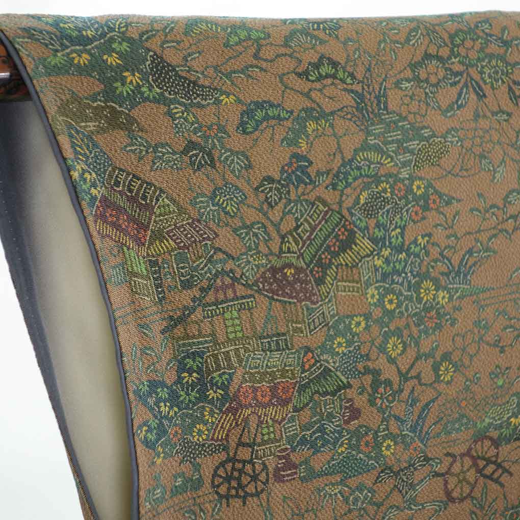 小紋 リサイクル着物 身丈152cm 裄64cm 前幅24cm 後幅29cm 袖丈45cm 袖幅32cm レディース 袷 風景画 裄Mサイズ 秋冬春用 正絹(シルク)ブラウン 美品 リメイク リユース【ランクA】