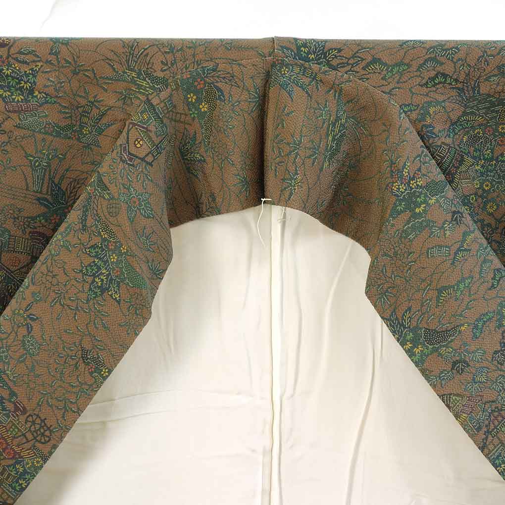 小紋 リサイクル着物 身丈152cm 裄64cm 前幅24cm 後幅29cm 袖丈45cm 袖幅32cm レディース 袷 風景画 裄Mサイズ 秋冬春用 正絹(シルク)ブラウン 美品 リメイク リユース【ランクA】