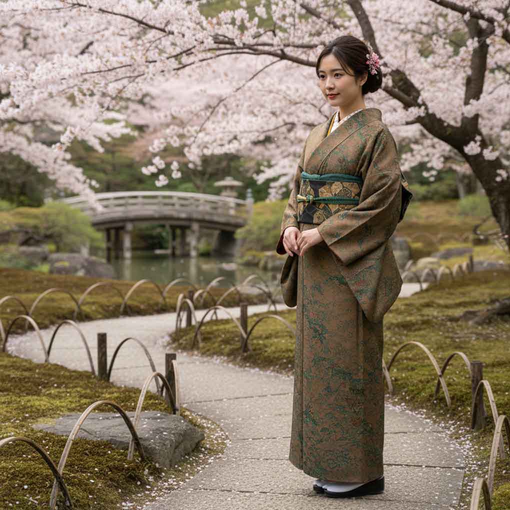 小紋 リサイクル着物 身丈152cm 裄64cm 前幅24cm 後幅29cm 袖丈45cm 袖幅32cm レディース 袷 風景画 裄Mサイズ 秋冬春用 正絹(シルク)ブラウン 美品 リメイク リユース【ランクA】