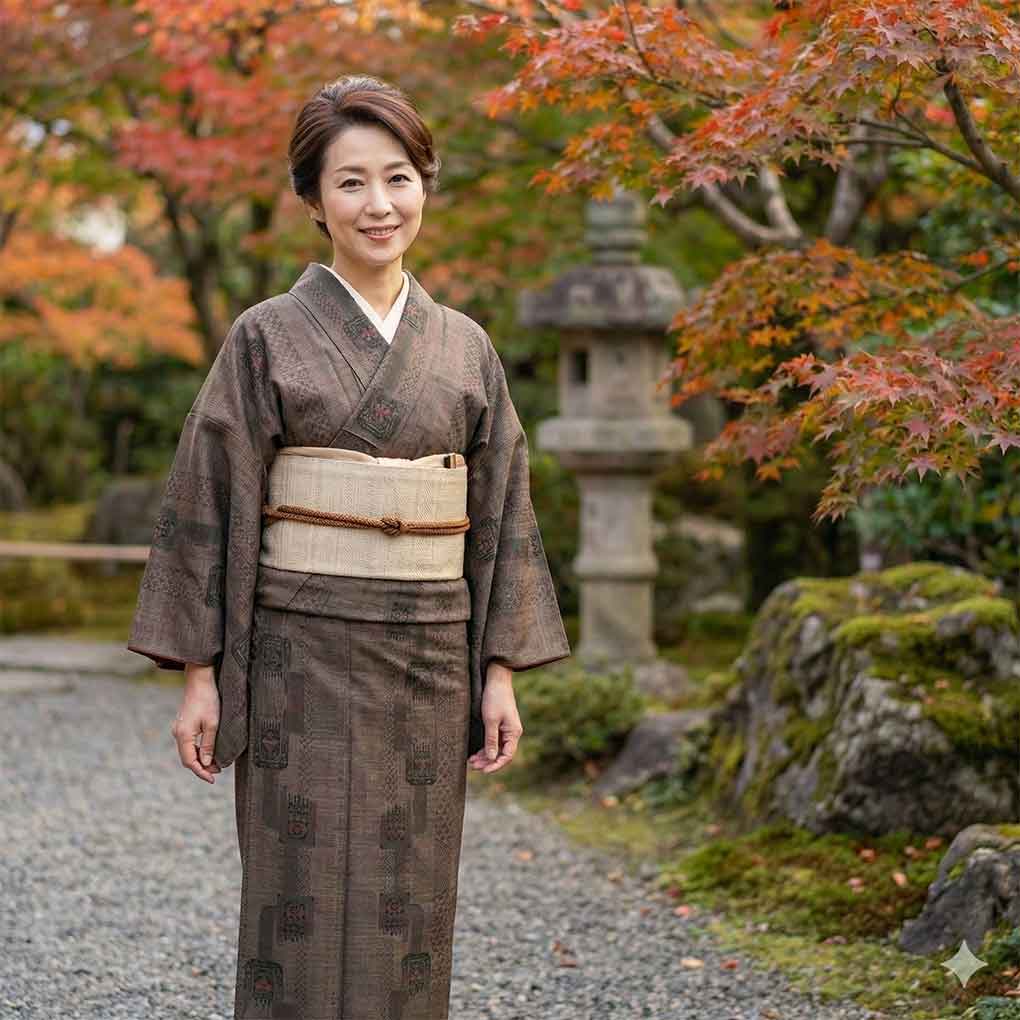 紬 リサイクル着物 身丈157cm 裄63cm 前幅23cm 後幅30cm 袖丈49cm 袖幅32cm レディース 袷 抽象柄 裄Mサイズ 秋冬春用 正絹(シルク)ブラウン 美品 大島紬 リメイク リユース【ランクA】