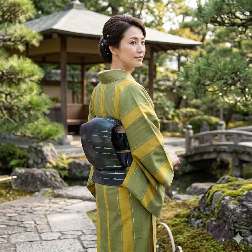 紬 リサイクル着物 身丈153cm 裄63cm 前幅22.5cm 後幅28cm 袖丈49cm 袖幅32cm レディース 袷 縦縞 裄Mサイズ 秋冬春用 正絹(シルク)グリーン 美品 リメイク リユース【ランクA】