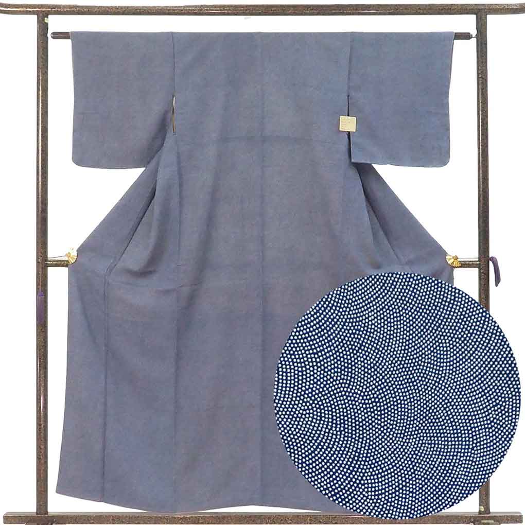 小紋 リサイクル着物 身丈156cm 裄60cm 前幅24cm 後幅28cm 袖丈45cm 袖幅32cm レディース 袷 鮫小紋 裄SS-Sサイズ 秋冬春用 正絹（シルク）ブルー やや難 リメイク リユース【ランクB】